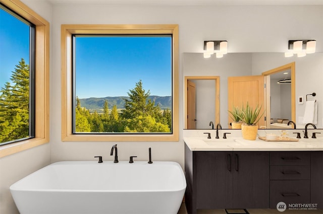 full bath featuring double vanity, a freestanding tub, and a mountain view