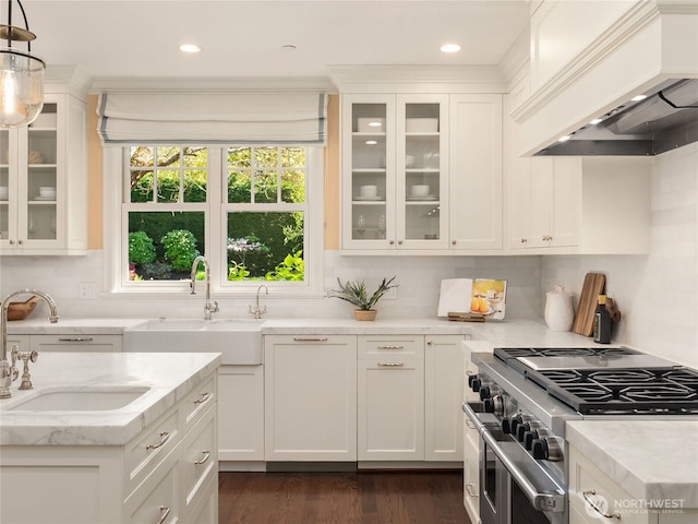 kitchen featuring a sink, white cabinets, high end stainless steel range oven, and premium range hood