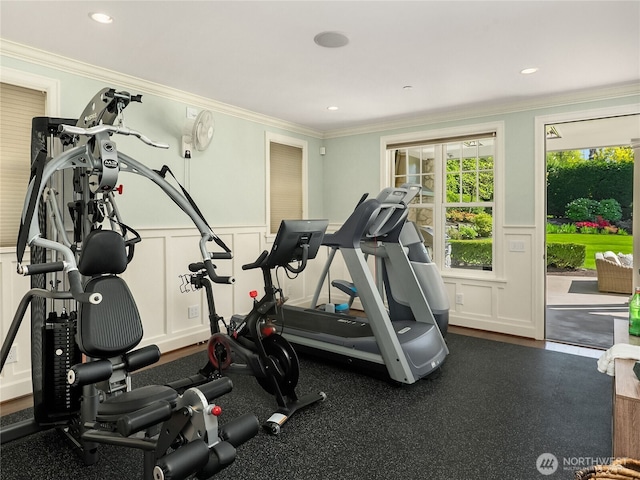exercise area featuring ornamental molding, a decorative wall, and a wainscoted wall