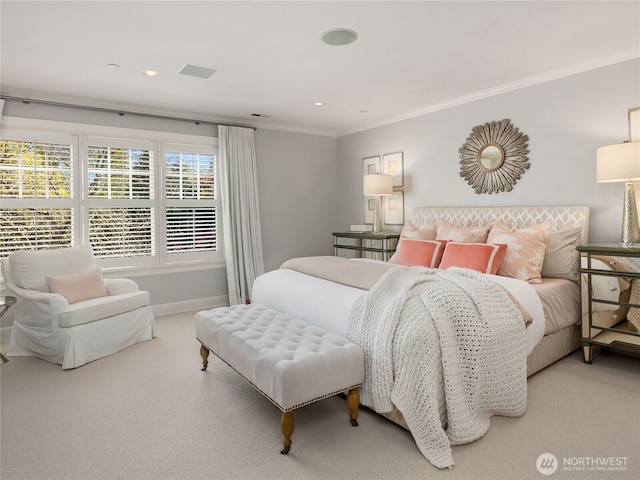 carpeted bedroom with recessed lighting, baseboards, and ornamental molding