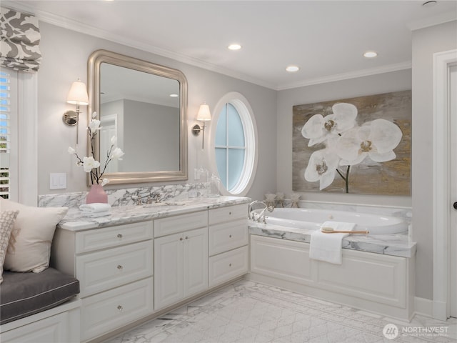 bathroom with a garden tub, crown molding, vanity, marble finish floor, and recessed lighting