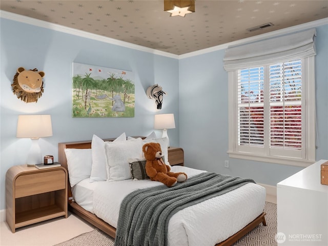 bedroom with visible vents and ornamental molding