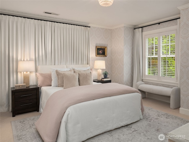 bedroom with crown molding, carpet flooring, wallpapered walls, and visible vents