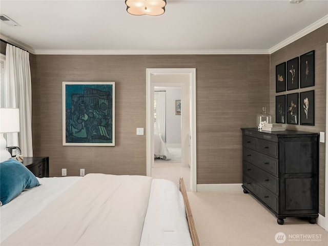bedroom featuring visible vents, ornamental molding, and light colored carpet