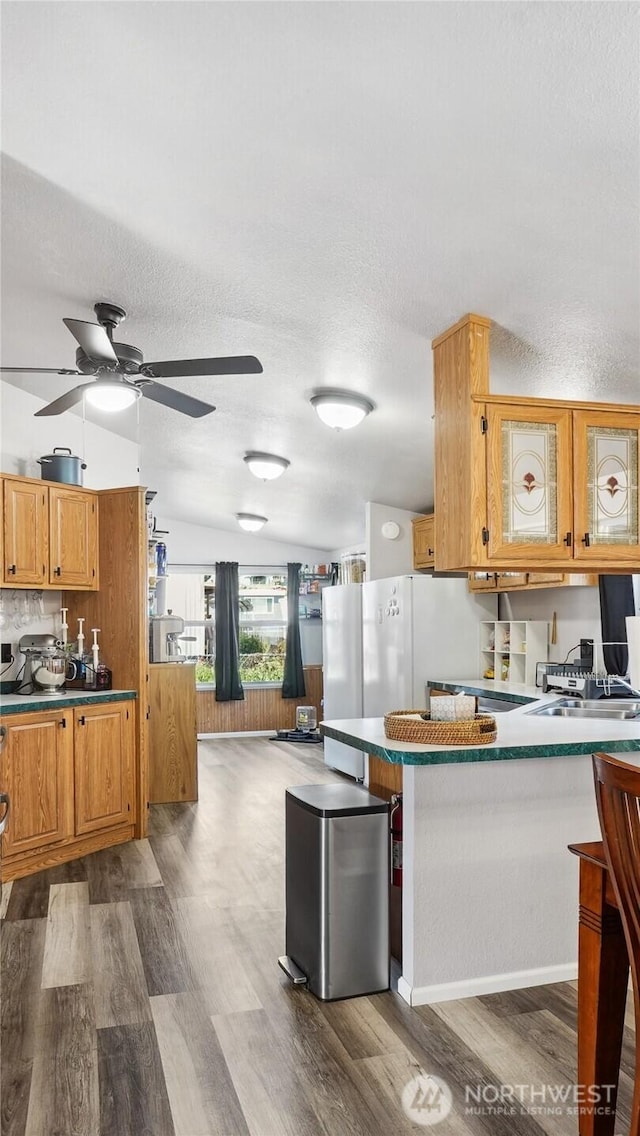 kitchen with a sink, a ceiling fan, dark wood finished floors, a textured ceiling, and a peninsula