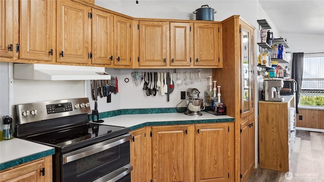 kitchen with range with two ovens, under cabinet range hood, wood finished floors, and light countertops