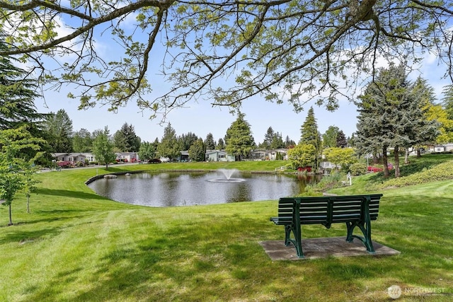 view of home's community featuring a water view and a yard