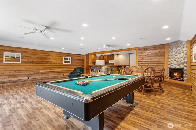 12430 Brooks St SW, Olympia, WA 98512 - playroom featuring a ceiling fan, wood walls, billiards, and light wood-type flooring