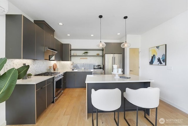 3236 W Government Way, Seattle, WA 98199 - kitchen featuring open shelves, decorative backsplash, light countertops, light wood finished floors, and stainless steel appliances