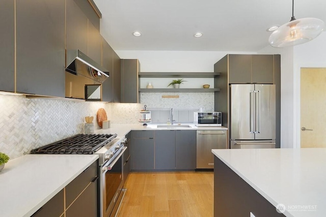 3236 W Government Way, Seattle, WA 98199 - kitchen with high end appliances, open shelves, a sink, light countertops, and light wood finished floors
