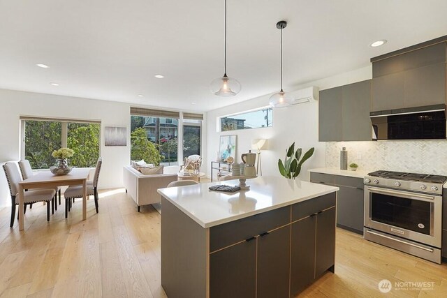 3236 W Government Way, Seattle, WA 98199 - kitchen featuring stainless steel gas stove, extractor fan, light wood-type flooring, light countertops, and tasteful backsplash