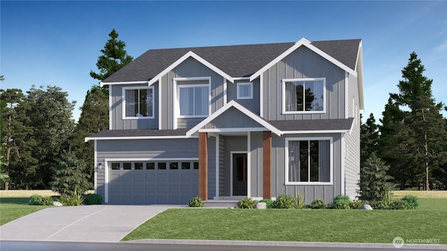view of front facade with roof with shingles, an attached garage, driveway, and a front yard