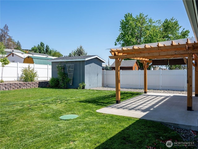 view of yard featuring an outbuilding, a patio area, a fenced backyard, a storage unit, and a pergola