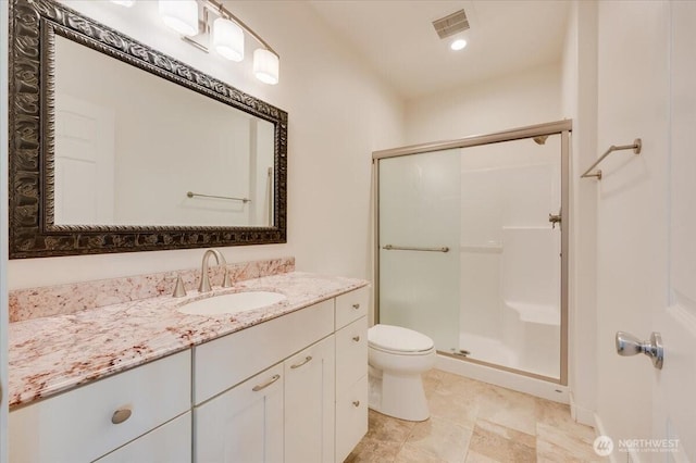 bathroom with visible vents, a stall shower, toilet, and vanity