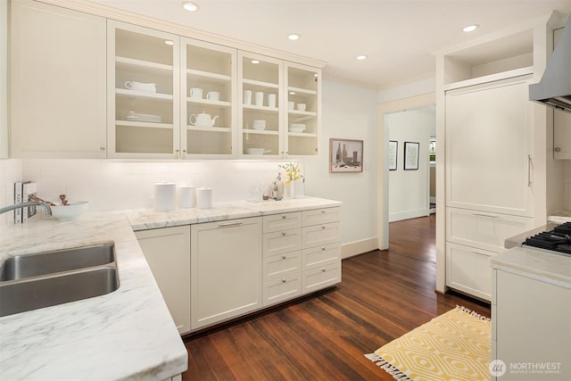 kitchen with exhaust hood, backsplash, a sink, light stone counters, and dark wood-type flooring