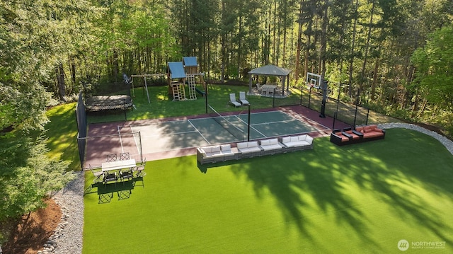 15803 Uplands Way SE, North Bend, WA 98045 - view of basketball court featuring a gazebo, a forest view, and a yard