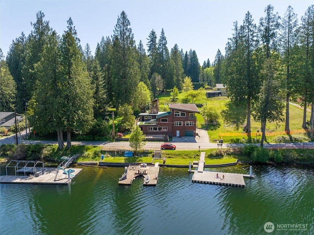 aerial view featuring a water view