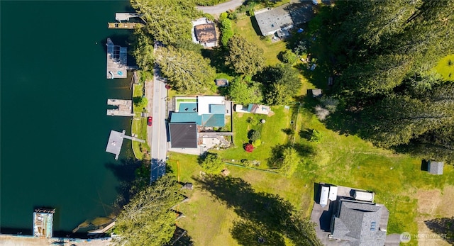drone / aerial view featuring a water view