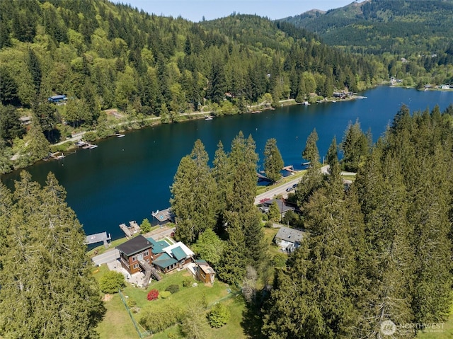 aerial view featuring a water and mountain view and a wooded view