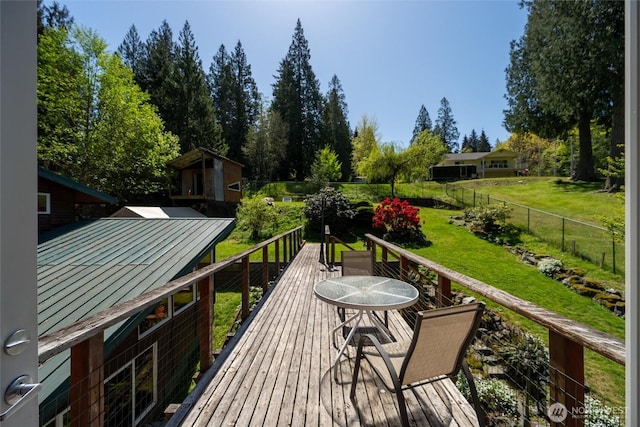 wooden terrace with a fenced backyard and a lawn