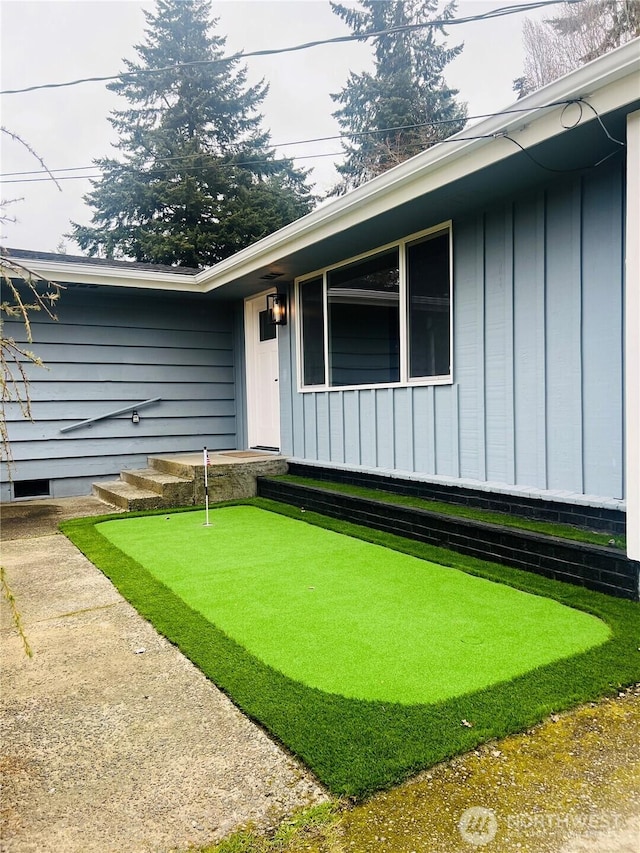 exterior space with board and batten siding