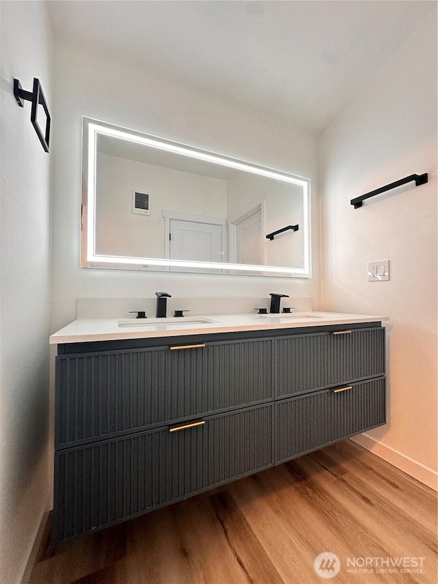 bathroom with baseboards, a sink, wood finished floors, and double vanity