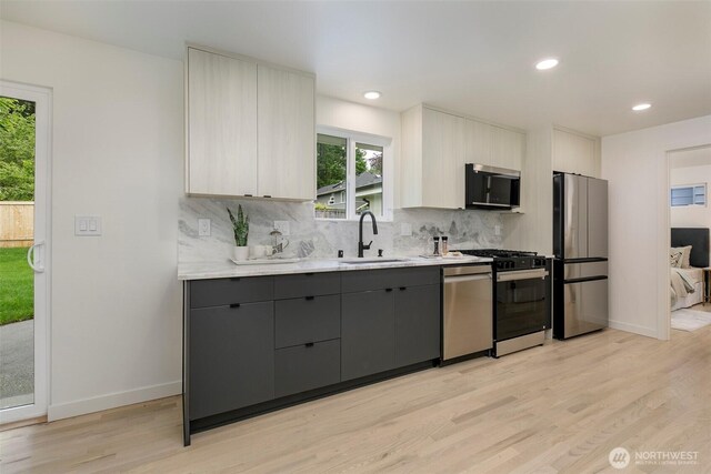 18733 50th Ave NE, Lake Forest Park, WA 98155 - kitchen featuring stainless steel appliances, a sink, decorative backsplash, modern cabinets, and recessed lighting