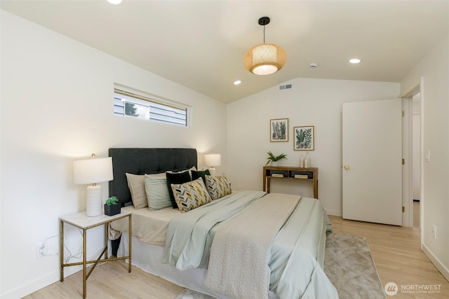 18733 50th Ave NE, Lake Forest Park, WA 98155 - bedroom with light wood-style floors, vaulted ceiling, recessed lighting, and baseboards