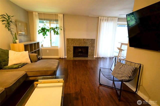 34012 1st Pl S # J, Federal Way, WA 98003 - living room featuring baseboards, wood finished floors, and a premium fireplace