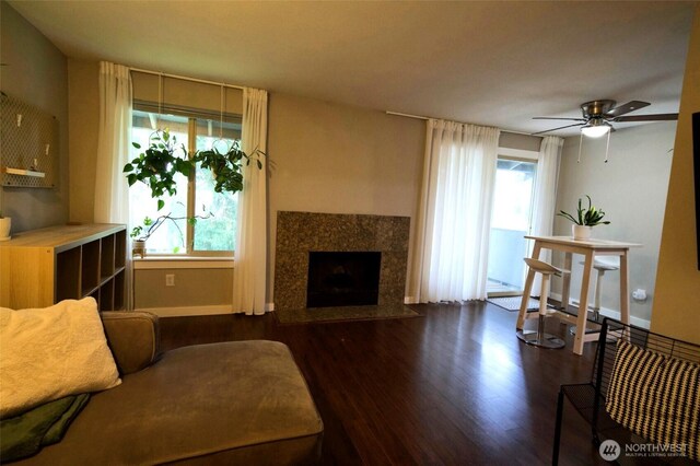 34012 1st Pl S # J, Federal Way, WA 98003 - living area featuring baseboards, a premium fireplace, ceiling fan, and wood finished floors