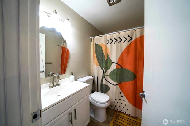 34012 1st Pl S # J, Federal Way, WA 98003 - bathroom with toilet, tile patterned floors, a shower with shower curtain, and vanity
