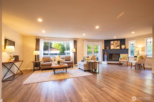 living area with plenty of natural light, wood finished floors, and a fireplace