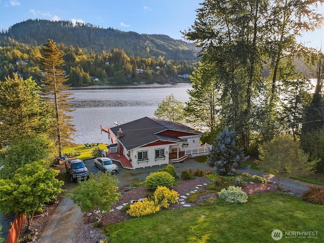 bird's eye view with a water view and a view of trees