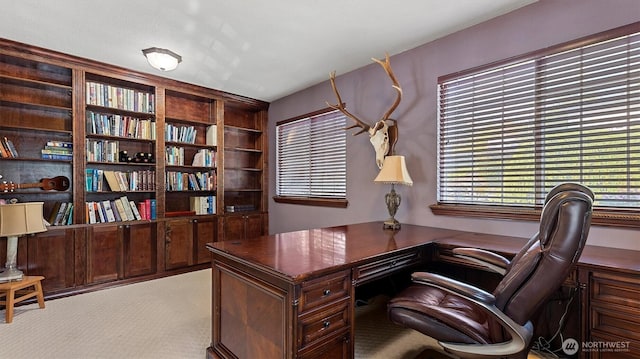 office area with plenty of natural light, built in features, and carpet floors