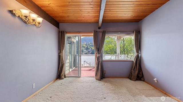 empty room with carpet flooring, wooden ceiling, and a wealth of natural light