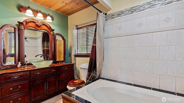 full bathroom featuring a tub to relax in, a shower with shower curtain, wooden ceiling, and vanity