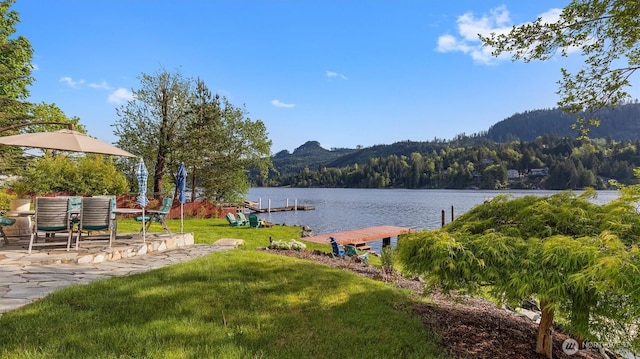 exterior space with a view of trees, a mountain view, and a boat dock