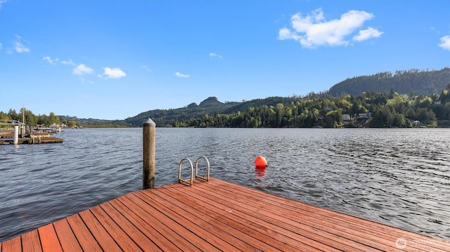 view of dock featuring a water and mountain view and a wooded view