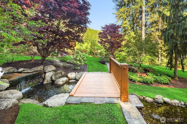 view of home's community featuring a lawn and a garden pond