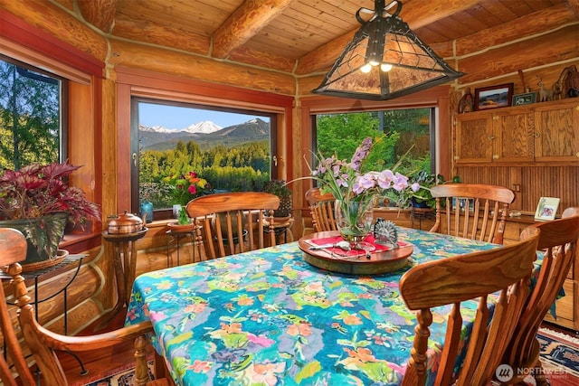 dining area featuring a mountain view, wooden ceiling, and beam ceiling