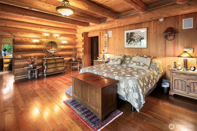 bedroom featuring wooden ceiling, beam ceiling, and hardwood / wood-style flooring