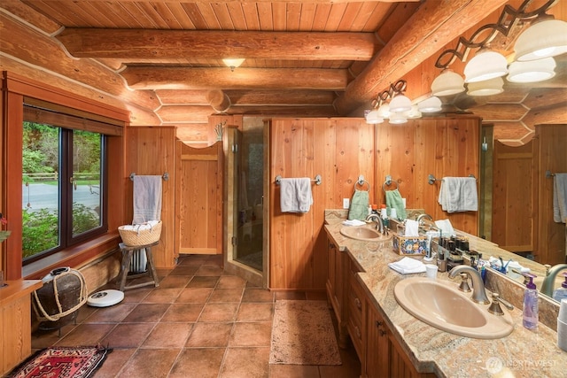 bathroom featuring a sink, wood ceiling, rustic walls, and a shower stall