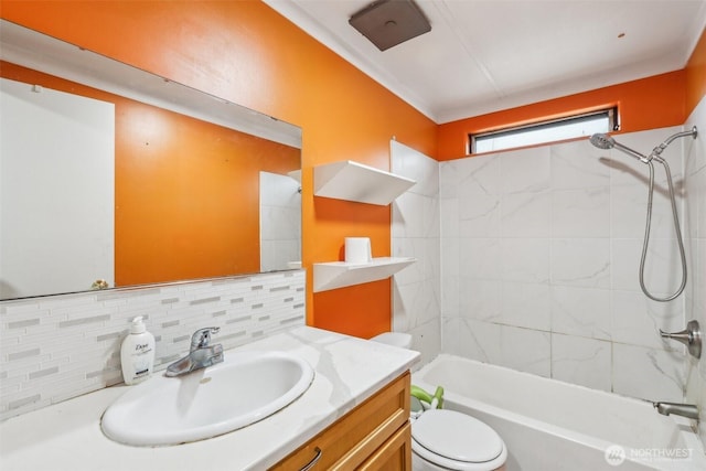 full bathroom with backsplash, toilet, tub / shower combination, and vanity