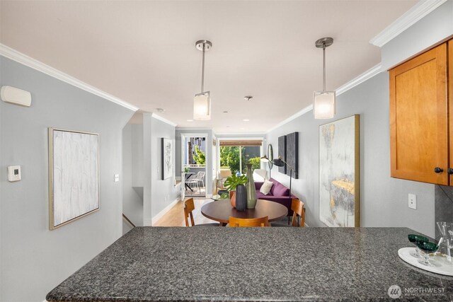 kitchen with crown molding, hanging light fixtures, brown cabinetry, and open floor plan