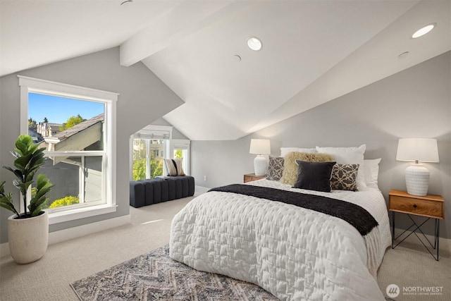 bedroom featuring recessed lighting, carpet floors, baseboards, and vaulted ceiling with beams