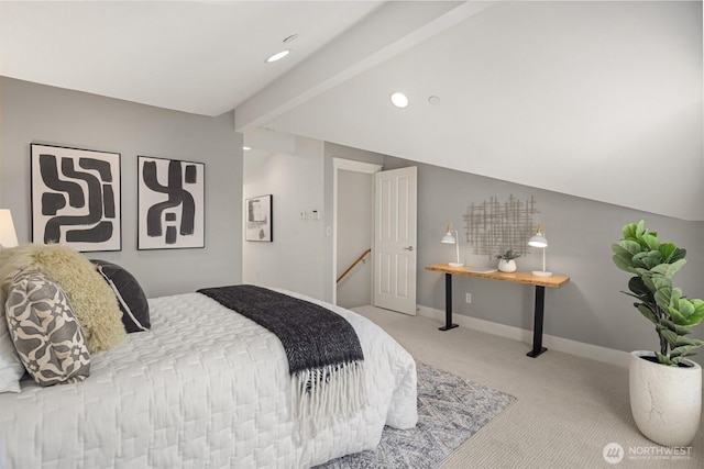 bedroom featuring lofted ceiling with beams, carpet floors, baseboards, and recessed lighting