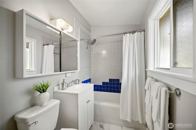 bathroom with toilet, shower / bath combination with curtain, marble finish floor, and vanity