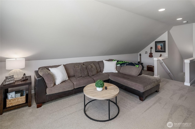 living area with recessed lighting, light colored carpet, and lofted ceiling