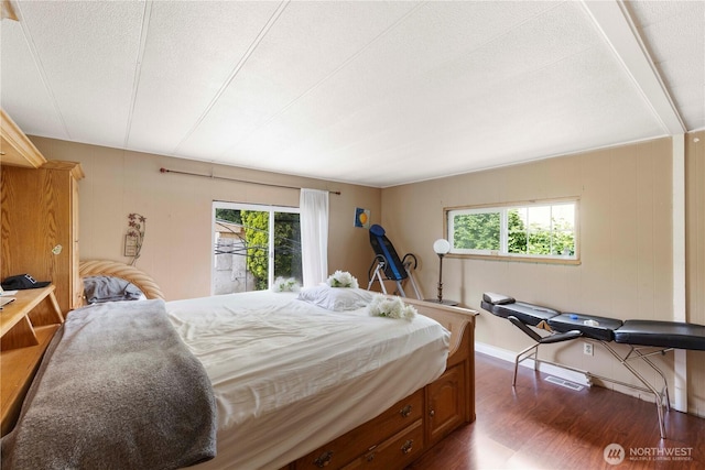 15713 81st St E Unit 135, Puyallup, WA 98372 - bedroom featuring multiple windows, dark wood-style floors, baseboards, and a textured ceiling