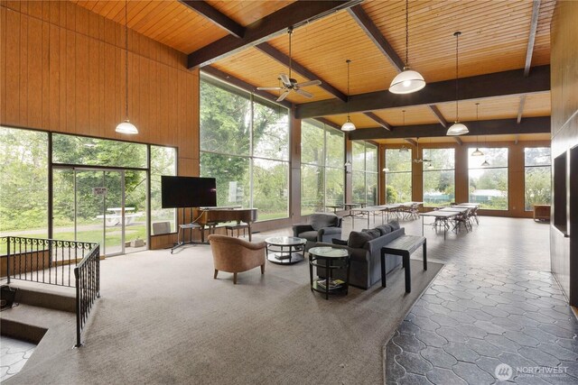 15713 81st St E Unit 135, Puyallup, WA 98372 - living room with wood ceiling, beam ceiling, a towering ceiling, a ceiling fan, and wooden walls